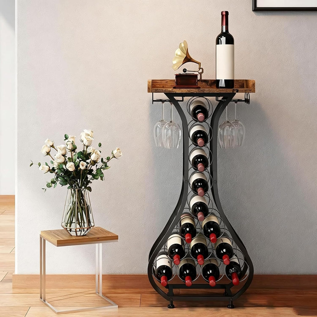 Wine Rack Freestanding Floor, Freestanding Wine Racks with 14 Bottles Wine Glass Holder, Mini Bar Wood Tabletop Wine Storage, Small Wine Cabinet for Home Bar Kitchen Dining Room