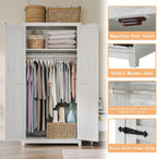 AMERLIFE 71" Farmhouse Wardrobe Closet with Hanging Rod & Barn Doors | Large Armoire Storage Cabinet, Storage Shelf, Versatile Clothing Organizer, Anti-Tip Kit, for Bedroom, White