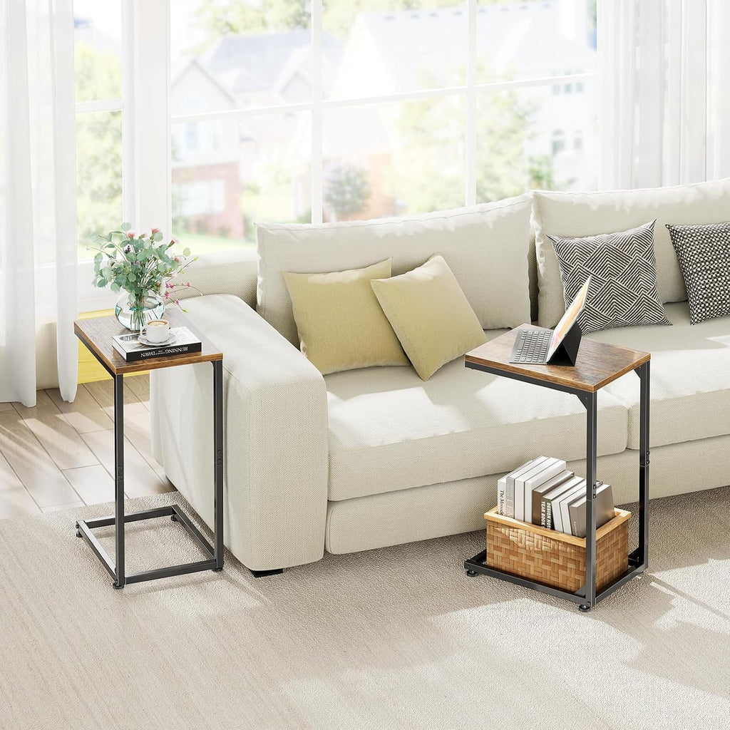 Simple Trending C Shaped End Table, TV Tray for Couch, Small Side Table with Metal Frame, for Living Room Bedroom, Rustic Brown