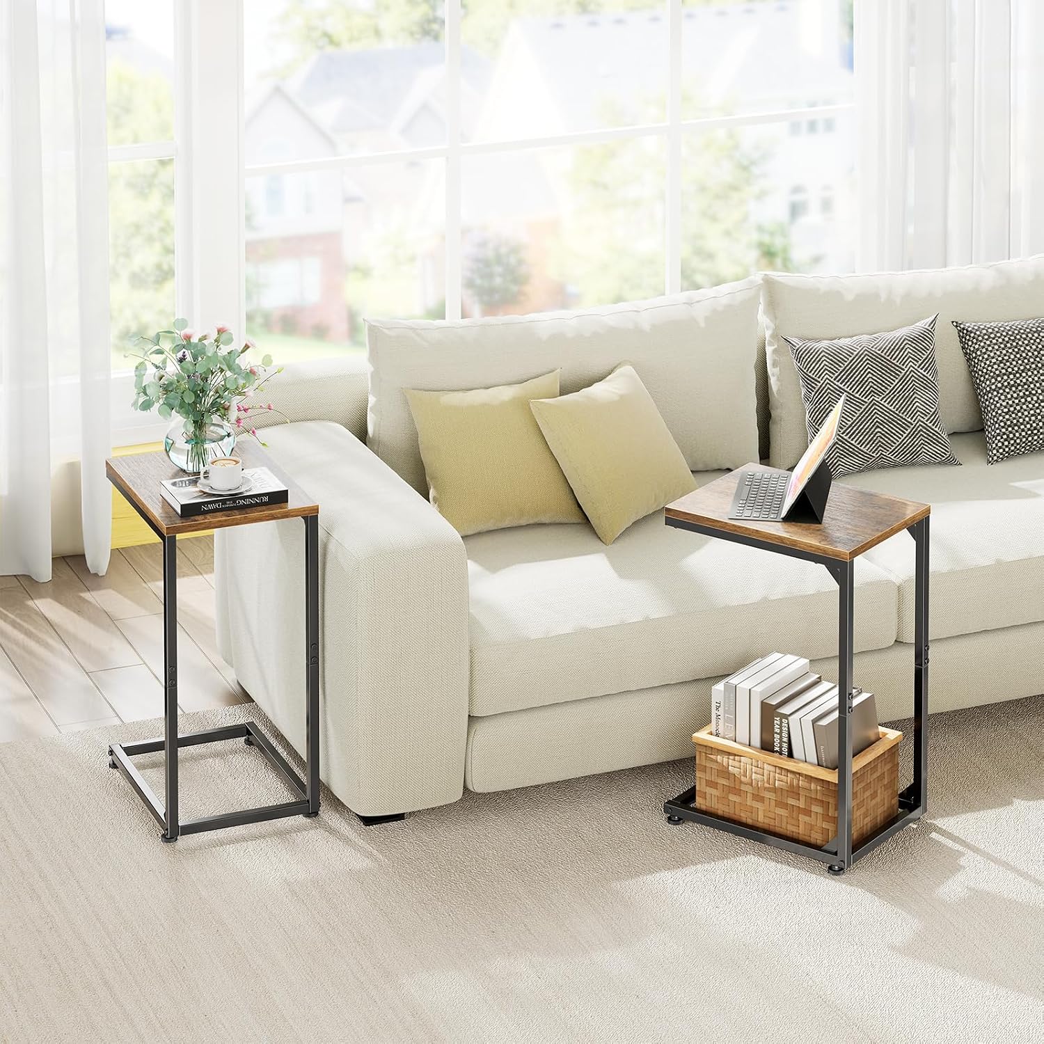 Simple Trending C Shaped End Table, TV Tray for Couch, Small Side Table with Metal Frame, for Living Room Bedroom, Rustic Brown
