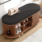 ONBRILL 43" Shoe Bench with Storage, Fluted Shoe Storage Bench with Cushion, Sliding Door and Adjustable Shelf, for Entryway, Hallway, Living Room, Walnut