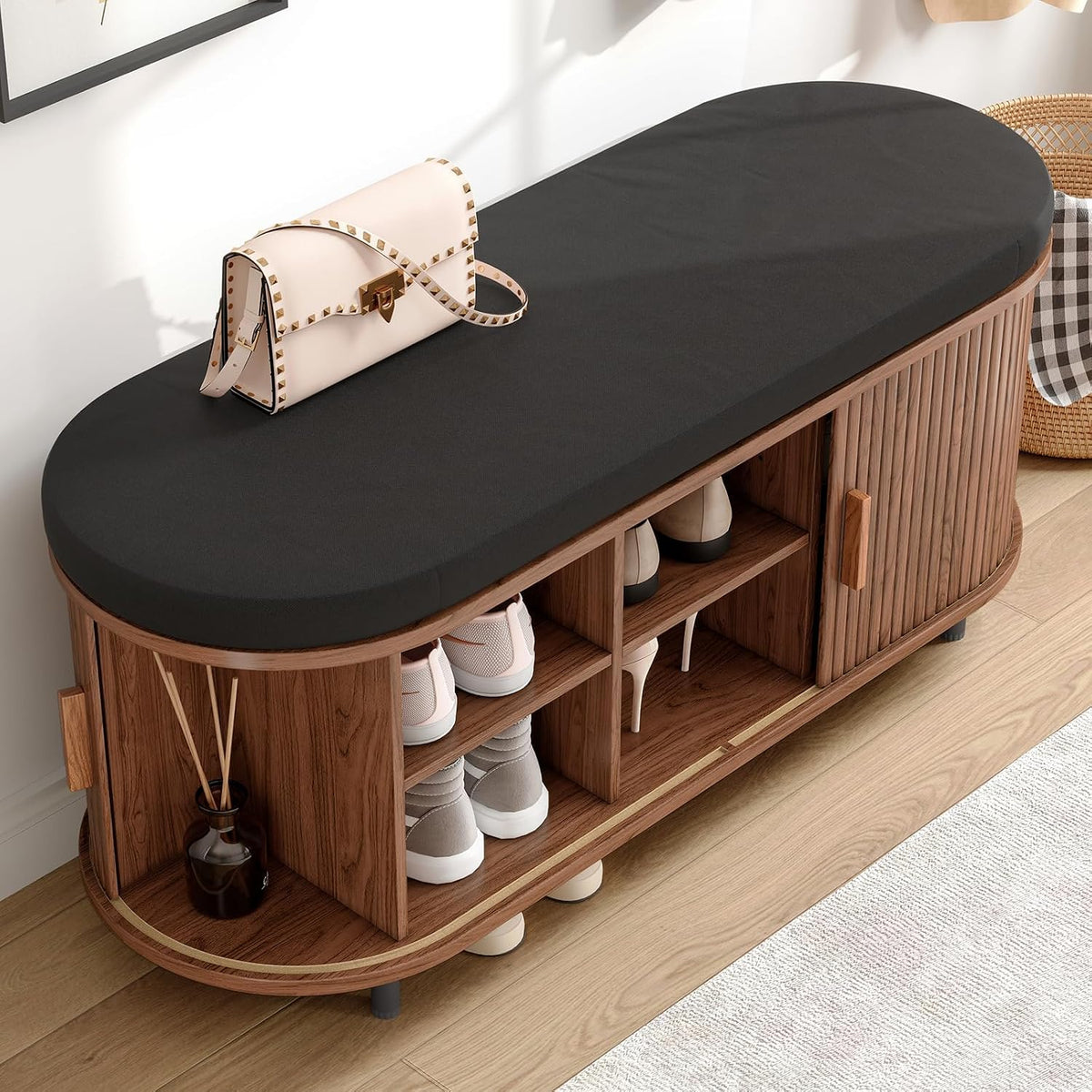 ONBRILL 43" Shoe Bench with Storage, Fluted Shoe Storage Bench with Cushion, Sliding Door and Adjustable Shelf, for Entryway, Hallway, Living Room, Walnut