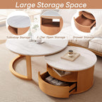 28" Marble Veneer MDF Nesting End Table, Nesting End Tables with Tiered Storage, Coffee Table Set with Hidden Drawer for Modern Compact interiors, Natural