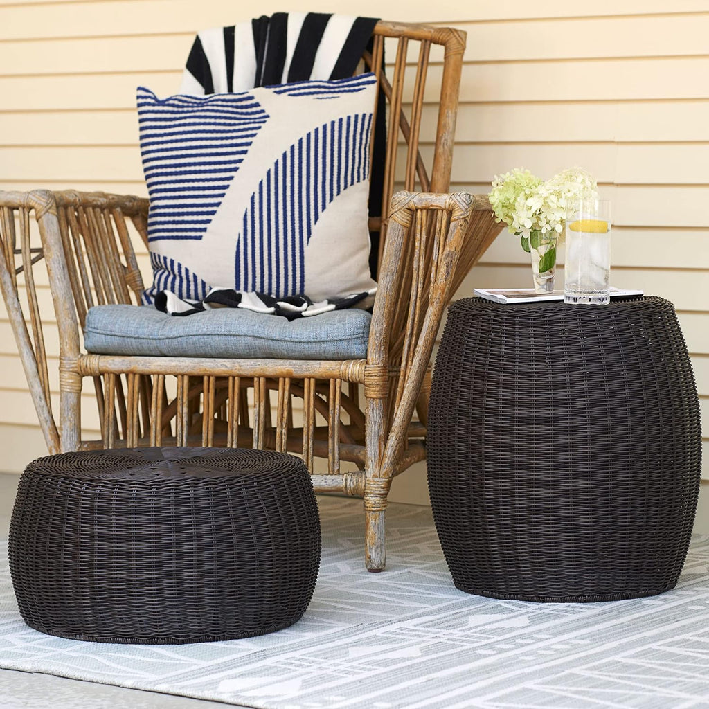 Household Essentials Round Handwoven Resin Storage Stool Ottoman, Brown