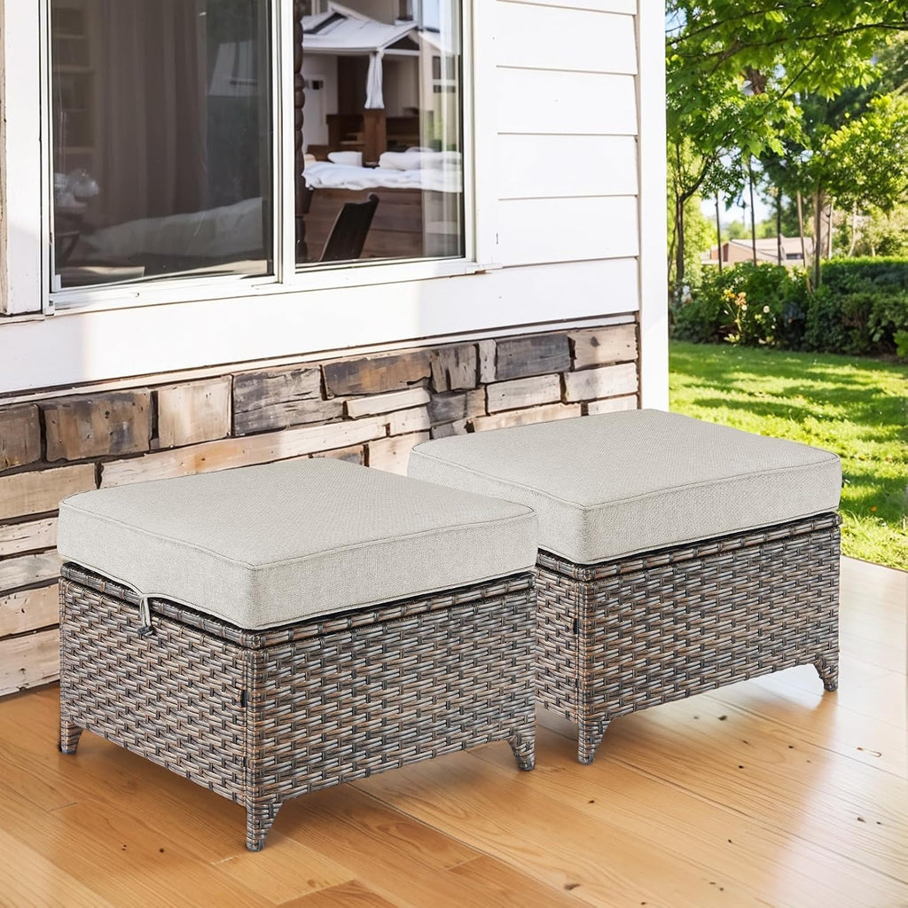 Outdoor Wicker Ottomans Rattan Footrests - Heavy Duty Outside Resin Rattan Lawn Footstools for Front Porch Balcony Backyard Yard Deck Apartment – Brown/Beige