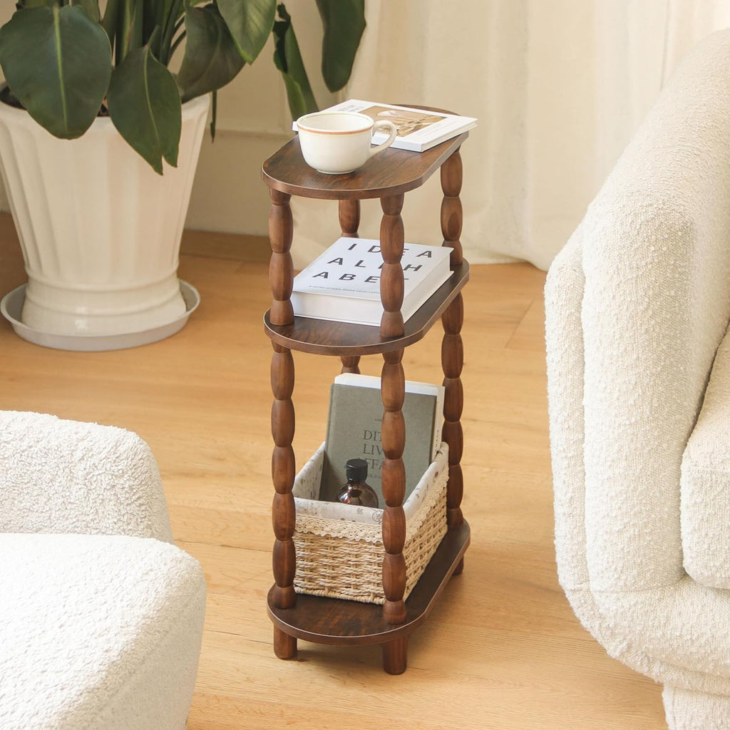MaxSmeo Small Narrow Side Table, 3-Tier Narrow End Table with Storage, Skinny Side Table Nightstand for Small Space, Bedrooms, Living Room (Rustic Brown)