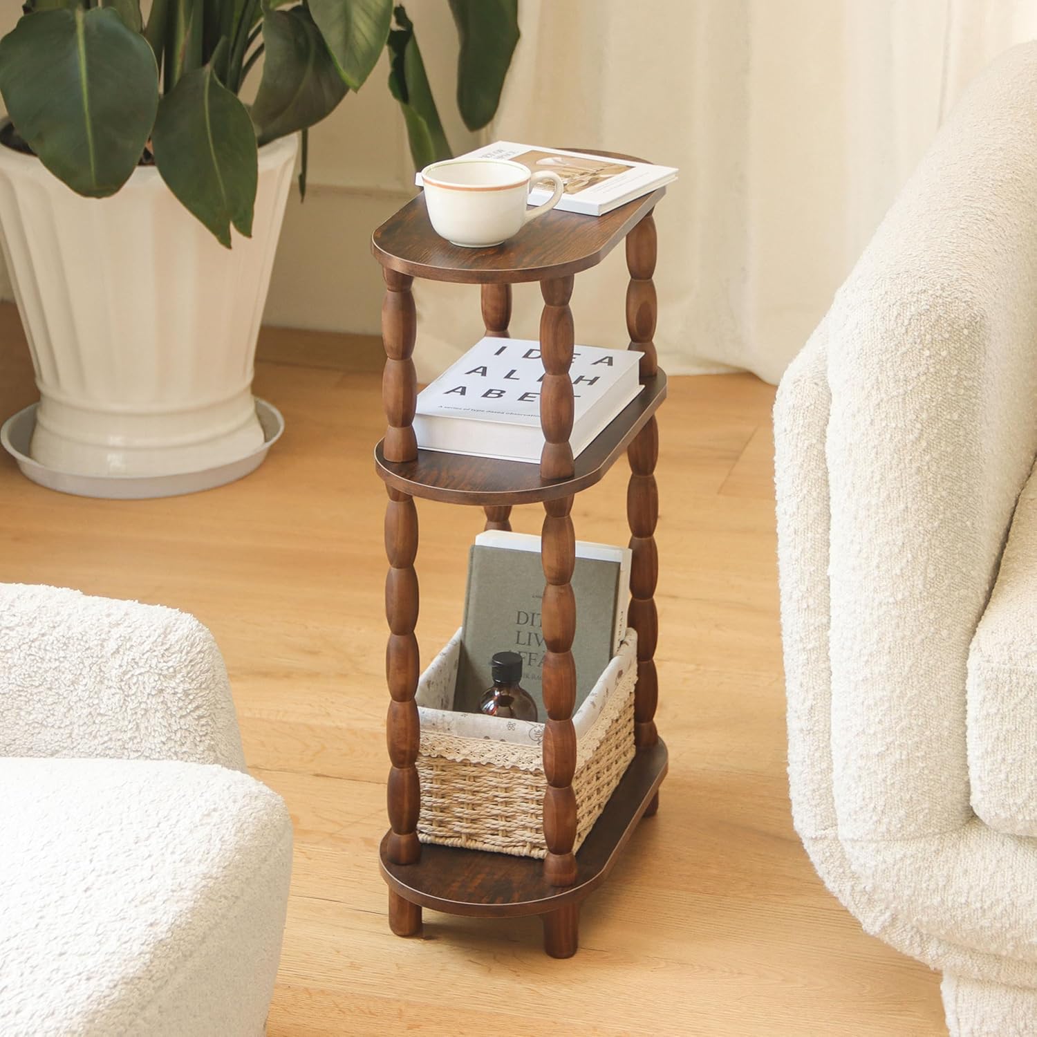 MaxSmeo Small Narrow Side Table, 3-Tier Narrow End Table with Storage, Skinny Side Table Nightstand for Small Space, Bedrooms, Living Room (Rustic Brown)