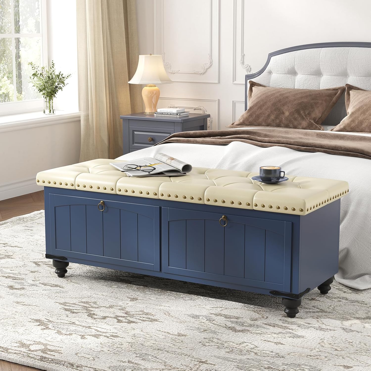 Maupvit Ottoman with Storage, Wooden Storage Ottoman Bench with Safety Hinge, Upholstered Entryway Bench with Cushioned Seat, Bench Bedroom Bench for Living Room, Entryway, Blue