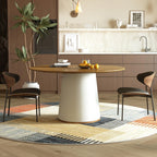 59” Modern Round Dining Table, Featuring a Decorative parquet Wood Veneer Tabletop paired with a Sturdy Cylindrical Base Structure, Suitable for Kitchen, Family Dining Room.