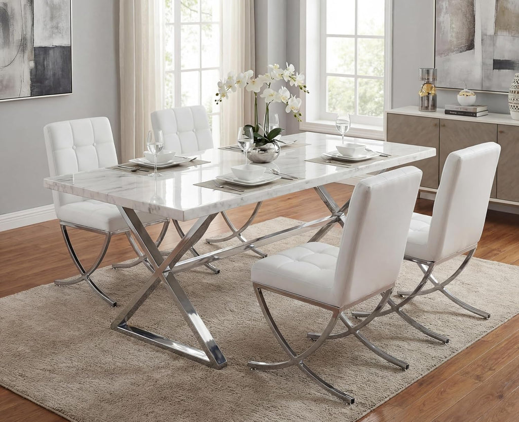EALSON Modern Dining Chairs Set of 6, White Leather Upholstered Seater with Chrome Metal Legs and High Tufted Backs, Armless, for Dining Room/Kitchen/Restaurant Use