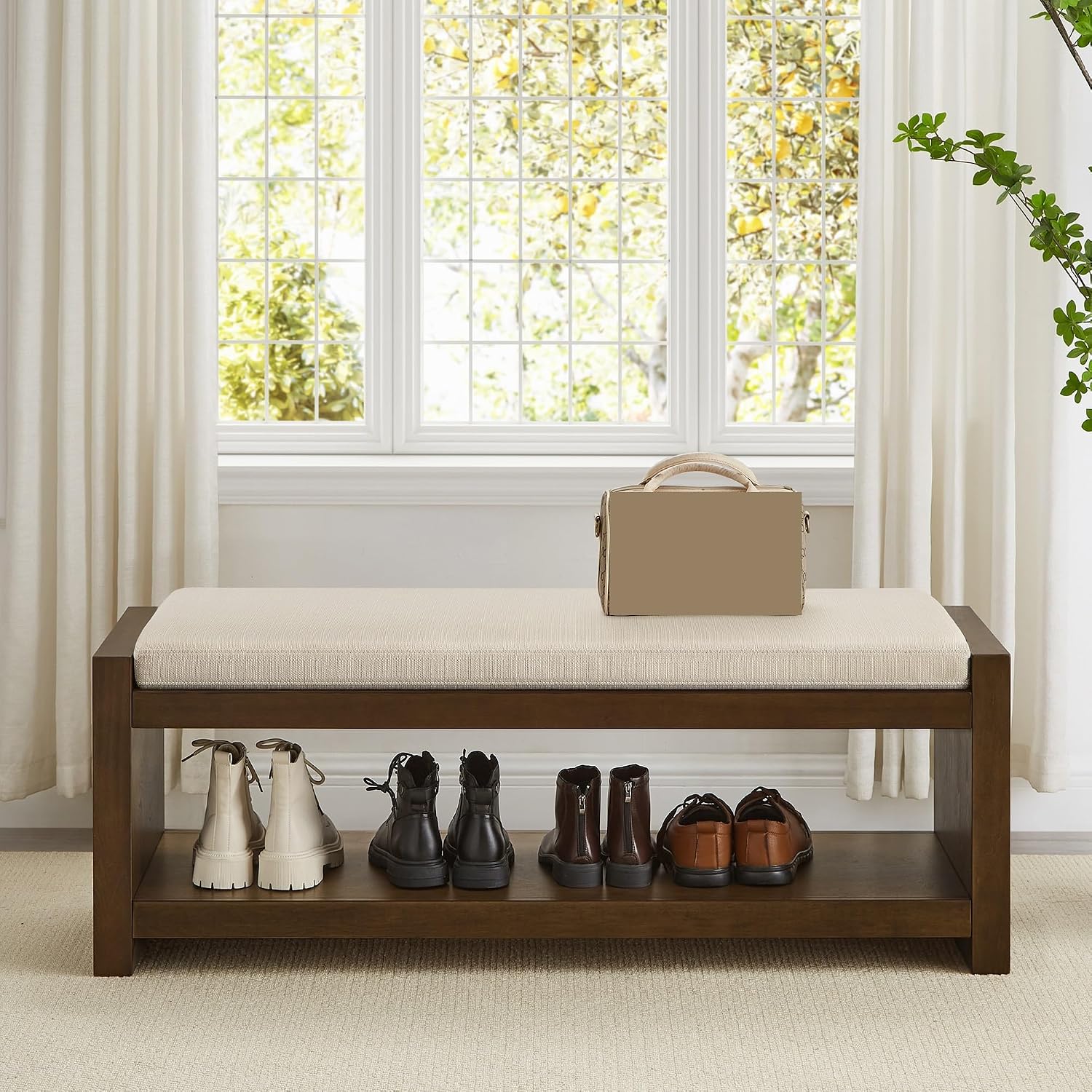Modern Compact Bed End Bench, Accent Bench with Lower Shelf Shoe Rack, for Living Room Entryway