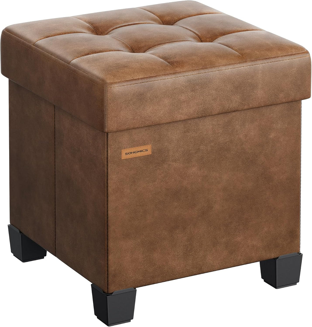 SONGMICS Small Storage Ottoman, 15 x 15 x 15.8 Inches, 9.8 Gal. (37 L) | Folding Ottoman Cube, Footstool, Footrest, PVC Leather Surface, Coffee Brown, MELISA Collection ULSF0512K03