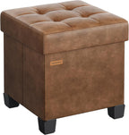 SONGMICS Small Storage Ottoman, 15 x 15 x 15.8 Inches, 9.8 Gal. (37 L) | Folding Ottoman Cube, Footstool, Footrest, PVC Leather Surface, Coffee Brown, MELISA Collection ULSF0512K03