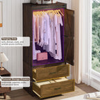 Farmhouse 2 Doors Armoire Wardrobe Closet w/ Folding Sliding Barn Door and Lights, LED Armoire Closet w/Drawers for Bedroom, Freestanding Wooden Wardrobe Storage Closet w/Hanging Rod,Rustic Brown