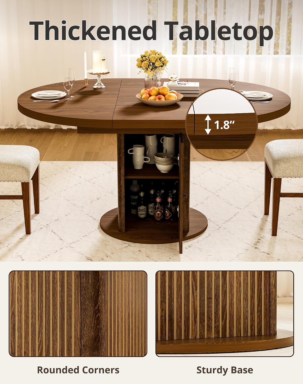 43"-59" Extendable Round Dining Table for 4-8 with Hidden Storage, Oval Dining Room Table with Removable Leaves, Modern Farmhouse Fluted Wood Kitchen Table for Living Room, Walnut