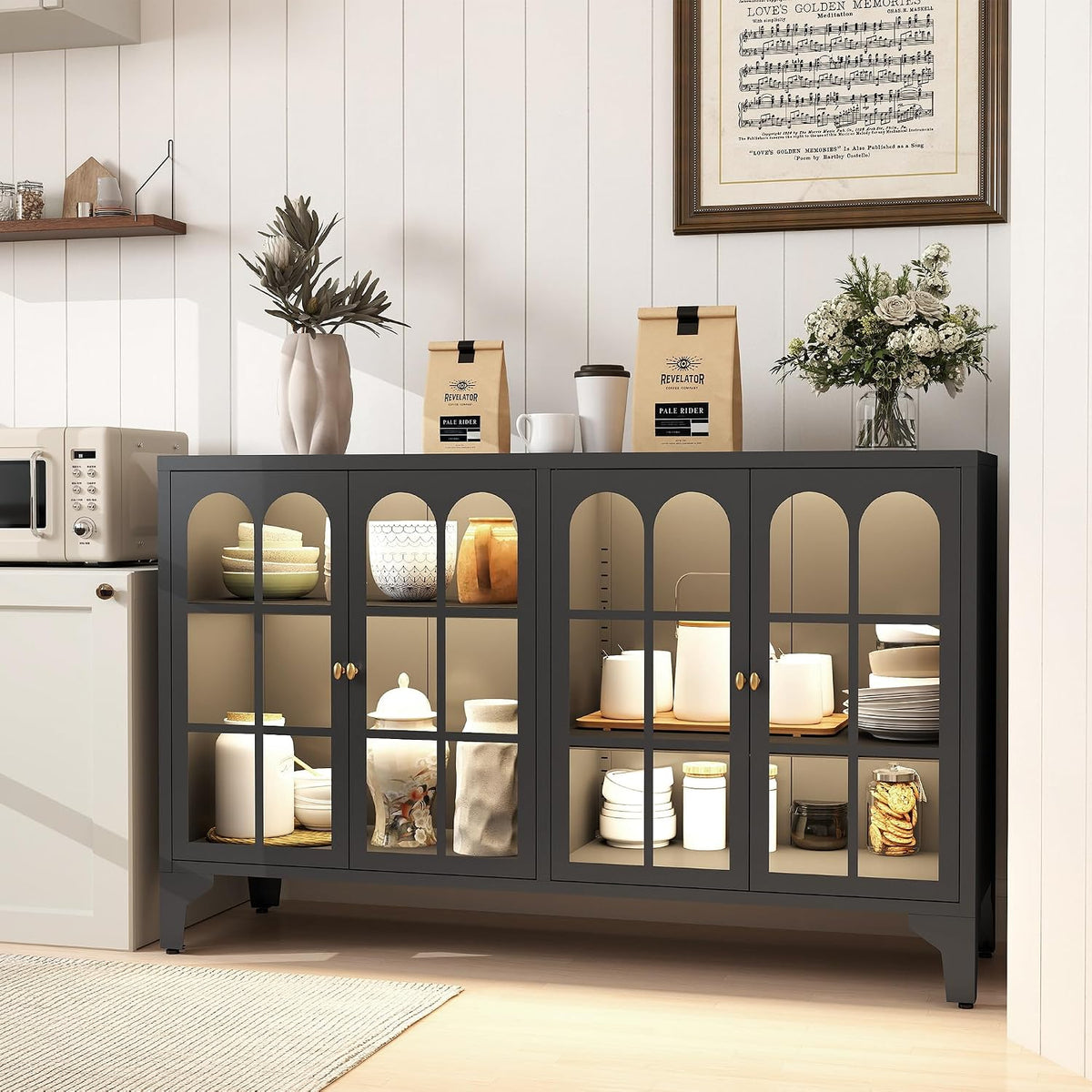 Foreate Sideboard Buffet Cabinet with Glass Door & LED Light, 53.2" Large Buffet Cabinet with Storage & Adjustable Shelf, Farmhouse Sideboard Credenzas Metal Kitchen Buffet, Black