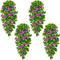 BLEUM CADE Artificial Hanging Flowers for Outdoors, 4pcs Fake Hanging Plants Pothos Vines with Purple Flowers for Wall Home Living Room Indoor Outdoor Decor (No Baskets)