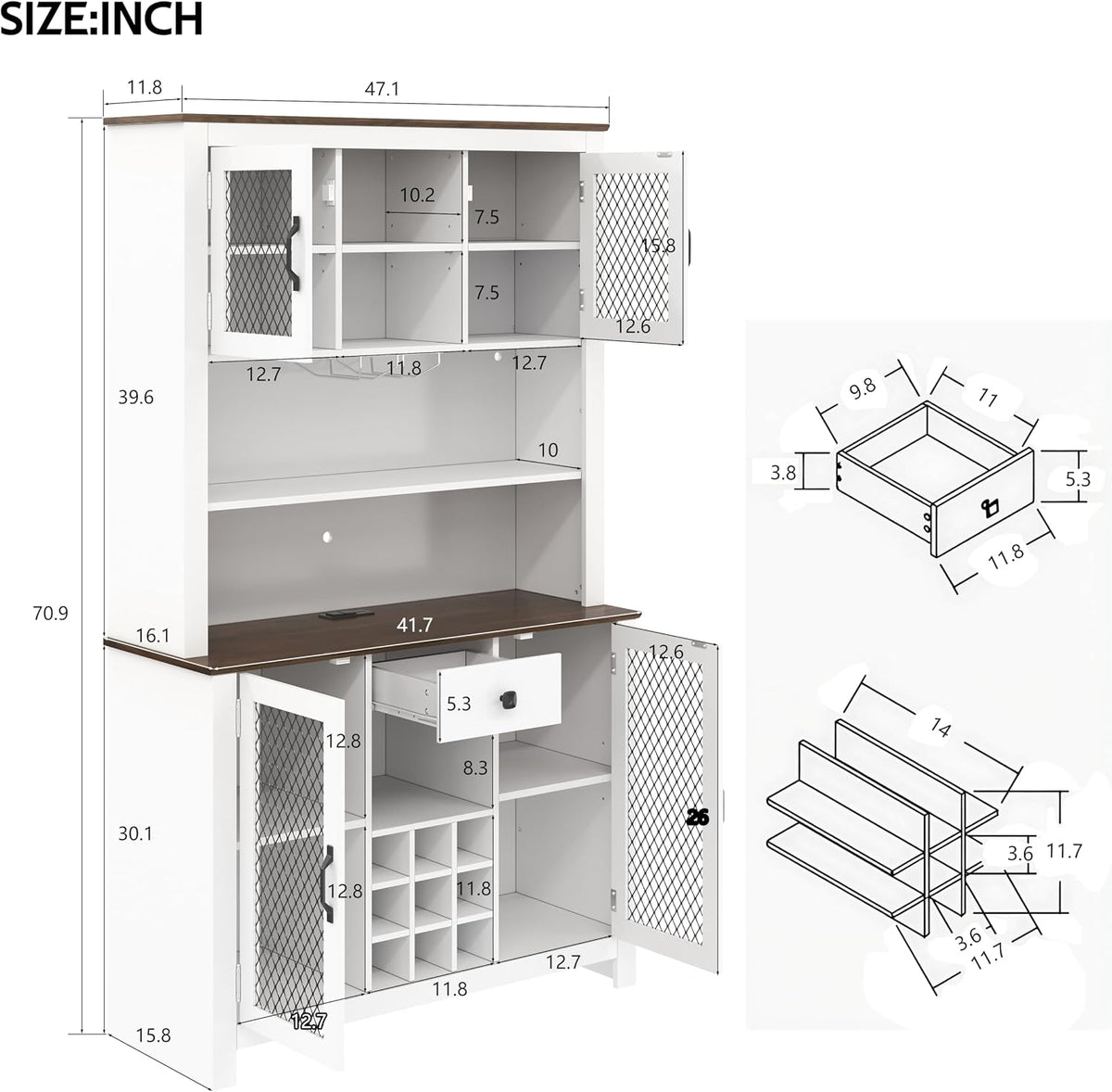 70.9” Kitchen Pantry Cabinet, Farmhouse Rustic Buffet Hutch with LED Lighting and Power Outlets, Large Food Pantry Cabinet with Doors and Adjustable Shelves, Storage Cabinet with Wine Rack for Kitchen
