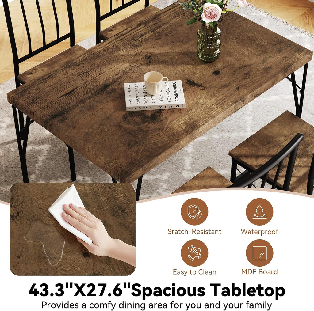 Dining Table Set for 4 with 1.6" Thick Tabletop, 5-Piece Kitchen Table Set, Space-Saving Rectangular Dining Room Kitchen Table Chair Set for Small Space,Dinette,Apartment,Rustic Brown