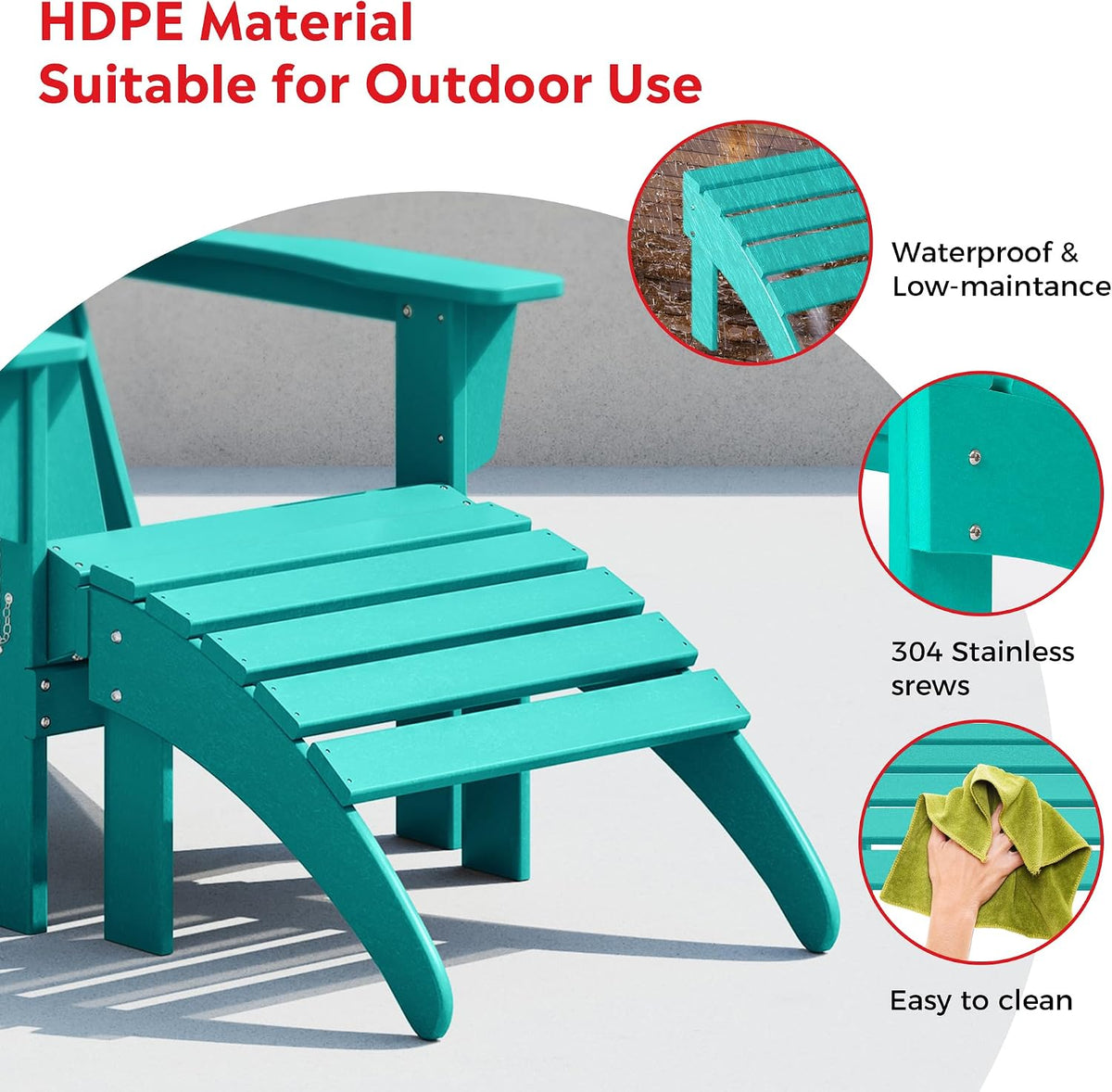 Costaelm Adirondack Chair Footrest Foldable Ottoman, Folding Ottoman Outdoor Foot Rest for Patio Waterproof, Adirondack Ottoman Outdoor, Turquoise