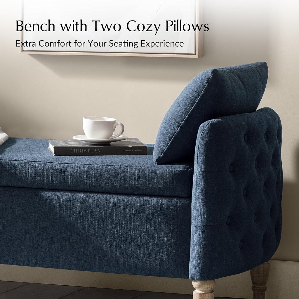 HULALA HOME Storage Bench for Bedroom with Throw Pillows, 59" Large Bedroom Ottoman Bench with Solid Wood Frame, Comfy Upholstered Footstool with Flip-top for Living Room, Entryway, Indigo