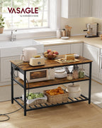 VASAGLE Kitchen Island with 3 Shelves, Storage Cabinet, Steel Structure | Kitchen Shelf with Large Wooden Worktop, 47.2 Inches Width, Rustic Brown and Matte Black, BARNET Collection UKKI101K01