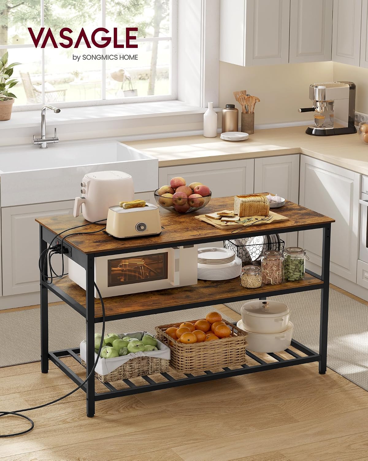 VASAGLE Kitchen Island with 3 Shelves, Storage Cabinet, Steel Structure | Kitchen Shelf with Large Wooden Worktop, 47.2 Inches Width, Rustic Brown and Matte Black, BARNET Collection UKKI101K01