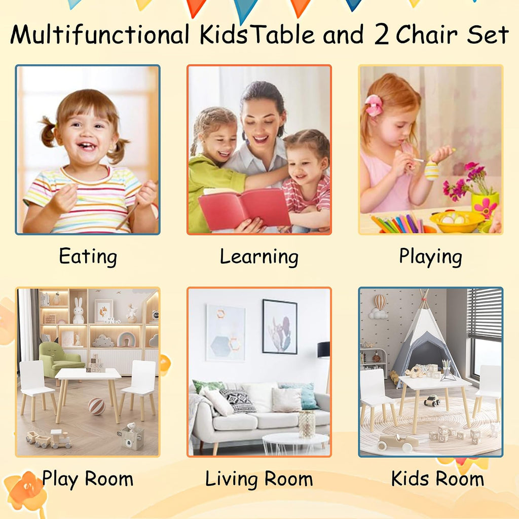ALEVINE 3 Piece Square Back Kids Table Set | Kids wooden table and chair set with animal-themed chairs, designed for play, learning, crafts, and activities.