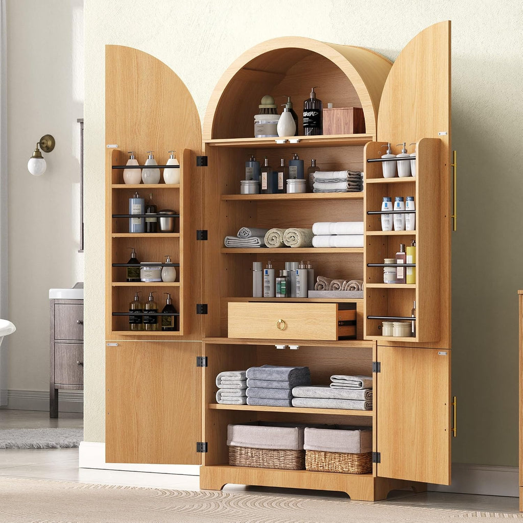72" Tall Arched Kitchen Pantry, Mid-Century Fluted Wood Storage Cabinet with 4 Doors, 3 Adjustable Shelves, 8 Door Shelves, 1 Hidden Drawers, Versatile Cupboard for Living Room, Dining Room, Natural
