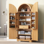 72" Tall Arched Kitchen Pantry, Mid-Century Fluted Wood Storage Cabinet with 4 Doors, 3 Adjustable Shelves, 8 Door Shelves, 1 Hidden Drawers, Versatile Cupboard for Living Room, Dining Room, Natural