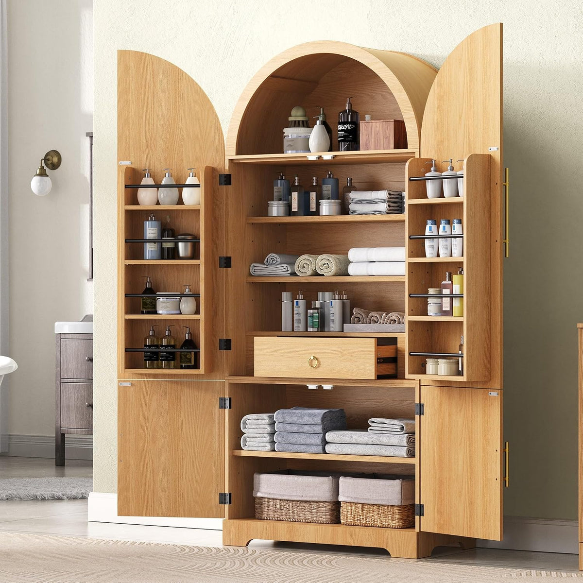 72" Tall Arched Kitchen Pantry, Mid-Century Fluted Wood Storage Cabinet with 4 Doors, 3 Adjustable Shelves, 8 Door Shelves, 1 Hidden Drawers, Versatile Cupboard for Living Room, Dining Room, Natural