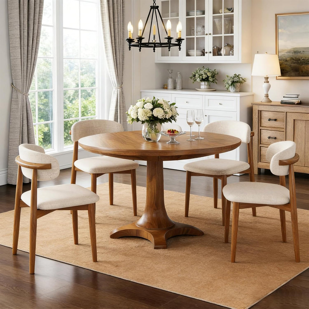 Wooden Dining Chairs Set of 4 Mid Century Modern Upholstered Farmhouse Dining Room Chair with Solid Wood Legs, Fabric Kitchen Side Chairs with Ergonomic Curved Backrest (4, Walnut + Beige)
