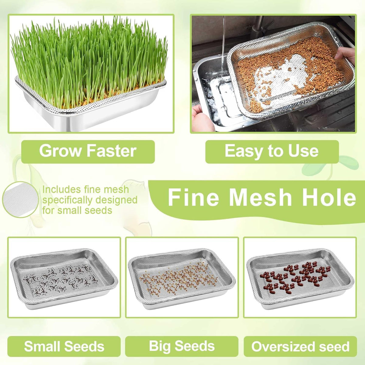 Stainless Steel Sprouts Growing Kit 2-Tier 14 inch Trays, Microgreens Growing Kit, Seed Sprouting Tray with Encrypted Mesh Sprouts for Beans Alfalfa Broccoli Wheat Grass