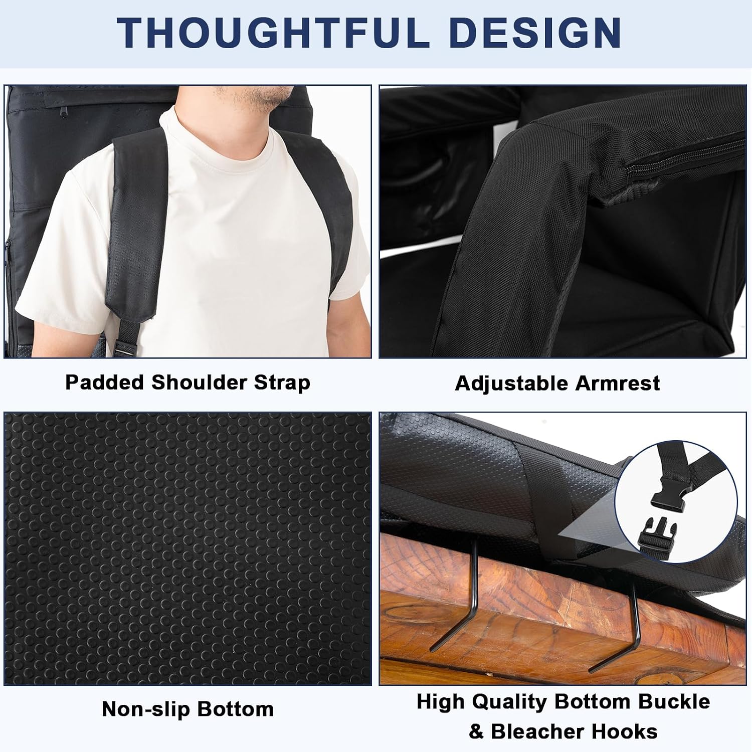 Romswi 2 Pack Wide Backpack Reclining Stadium Seat with Armrests, 6 Adjustable Angle & Hidden Hooks, Bleacher Chair with Padded Backpack Straps & Multiple Pockets for Outdoor (21in)