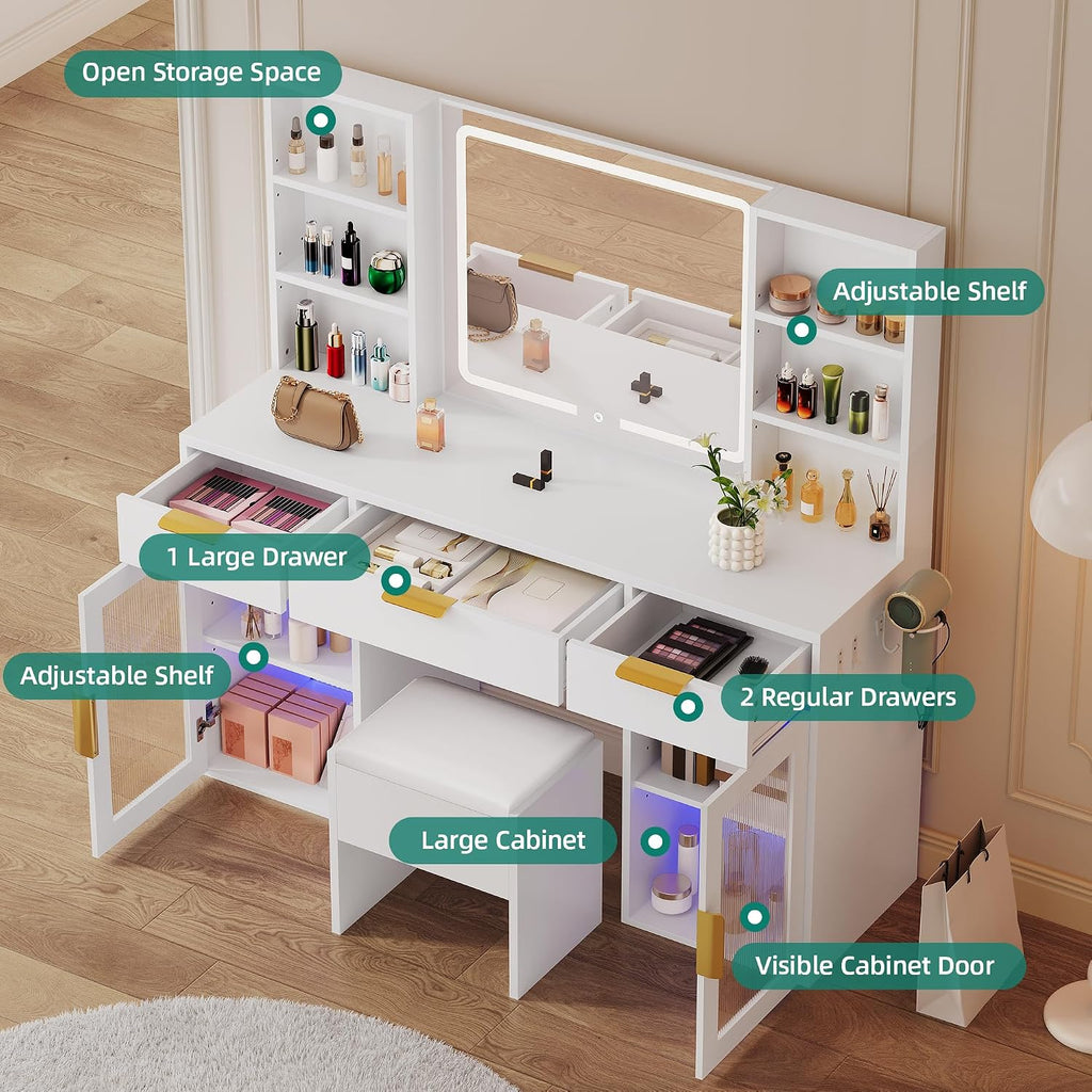 DWVO 56" LED Vanity Desk with Tri‑Fold Mirror & Lights | Makeup Vanity Desk with Drawers