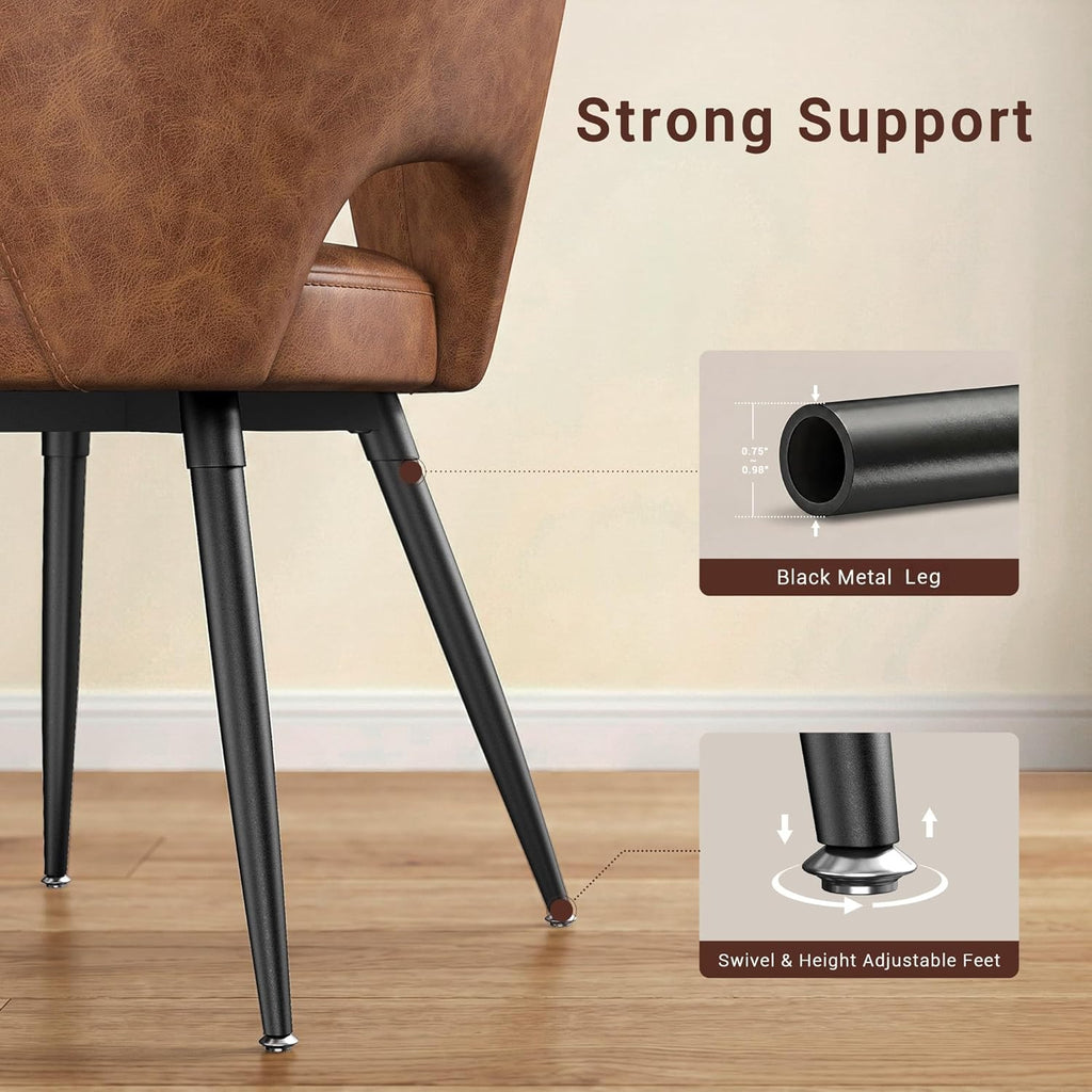 Homkdom Dining Chairs Set of 4, Modern Upholstered Kitchen Chairs with Curved Open Back, Black Metal Legs & Swiveling, Adjustable Feets, 10-Min Assembly, Caramel Brown
