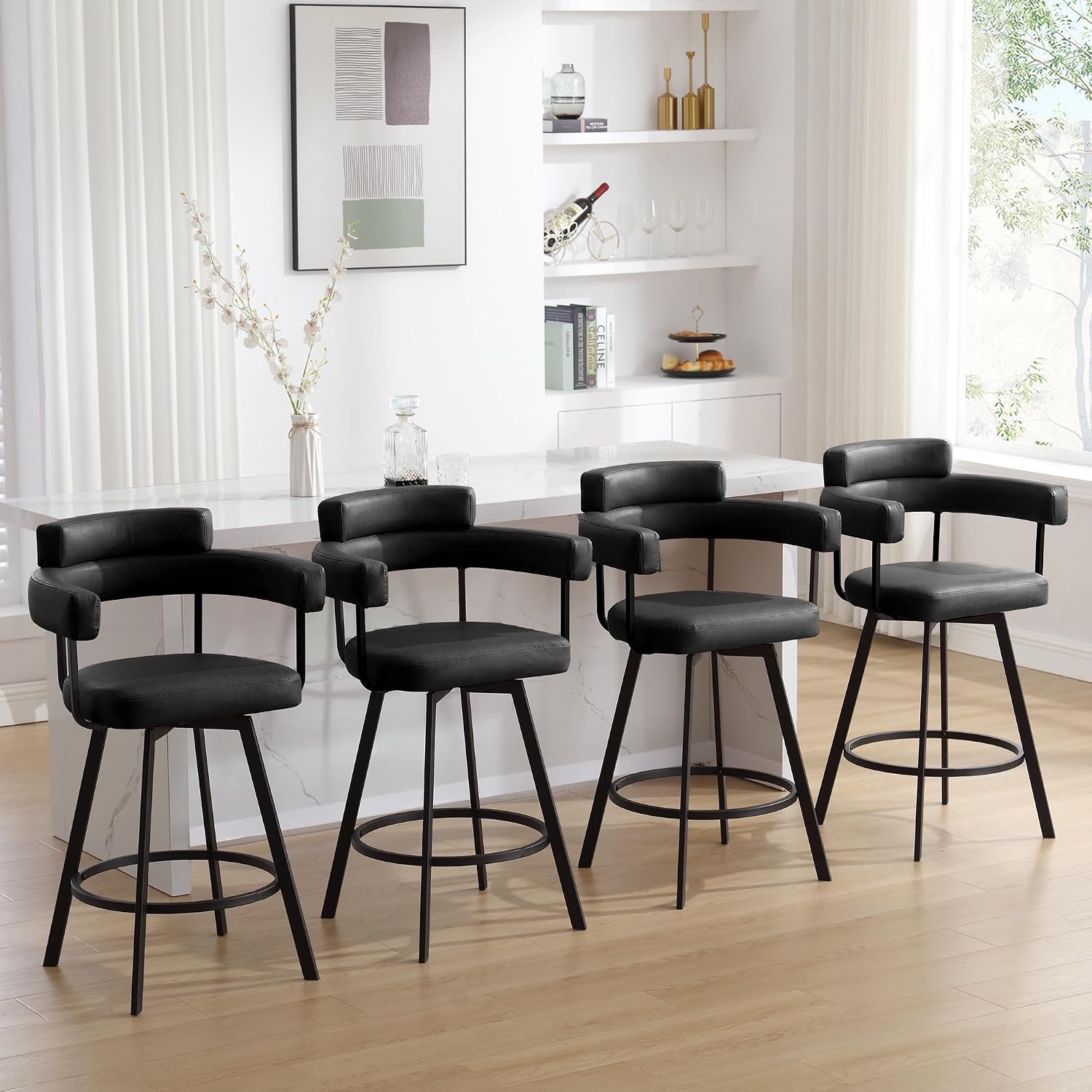 Swivel Counter Height Stools Set of 2, 26‘’ Kitchen Bar Stools with Arm Rest, Black Faux Leather Island Chairs with Metal Legs