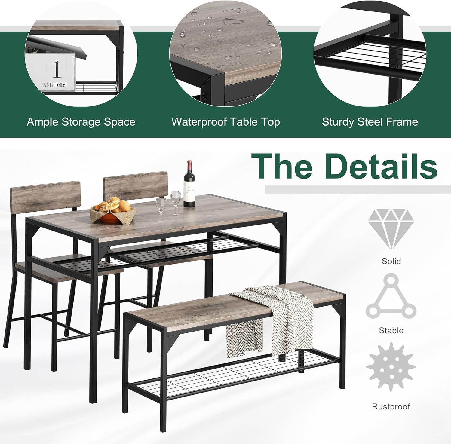 Shintenchi Kitchen Table Chairs Set of 4 with Bench and Chairs, Oak Gray | Dining Table Set for 4, 4 Pieces Kitchen Table Set, Storage Rack & Metal Frame, for Small Space, Upgrated Leg Support
