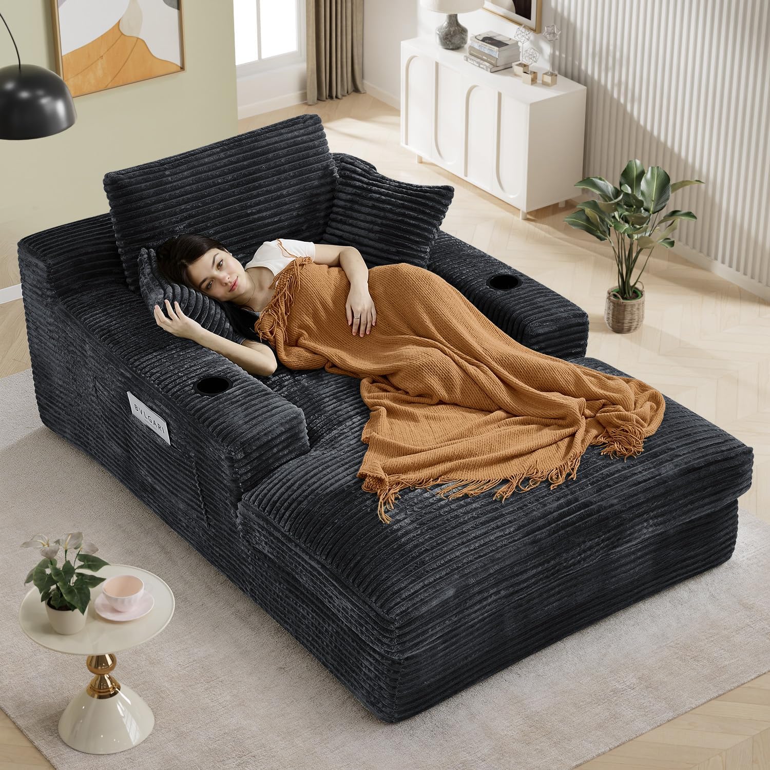 49" x 76" Corduroy Chaise Lounge, Cup Holders, Dark Gray | Super-oversized corduroy chaise with deep sleeper seating and built-in cup holders for reading, lounging, or overnight rest.