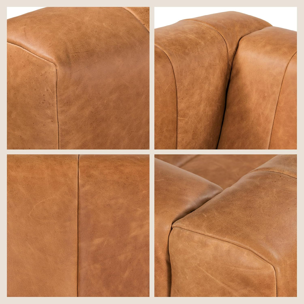 POLY & BARK Canale Sofa – 86" Channel-Tufted Italian Leather Couch – Cognac Tan Full-Grain Pure-Aniline or Semi-Aniline Leather, Solid Wood Frame & Legs