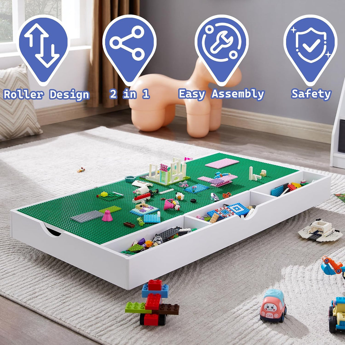 3 in 1 Construction Play Table Compatible with Lego, Game Table with Block Board and Train Car, Rolling Game Table with Locking Wheels and Storage Space, Suitable for Storing Under Bed or Sofa (White)