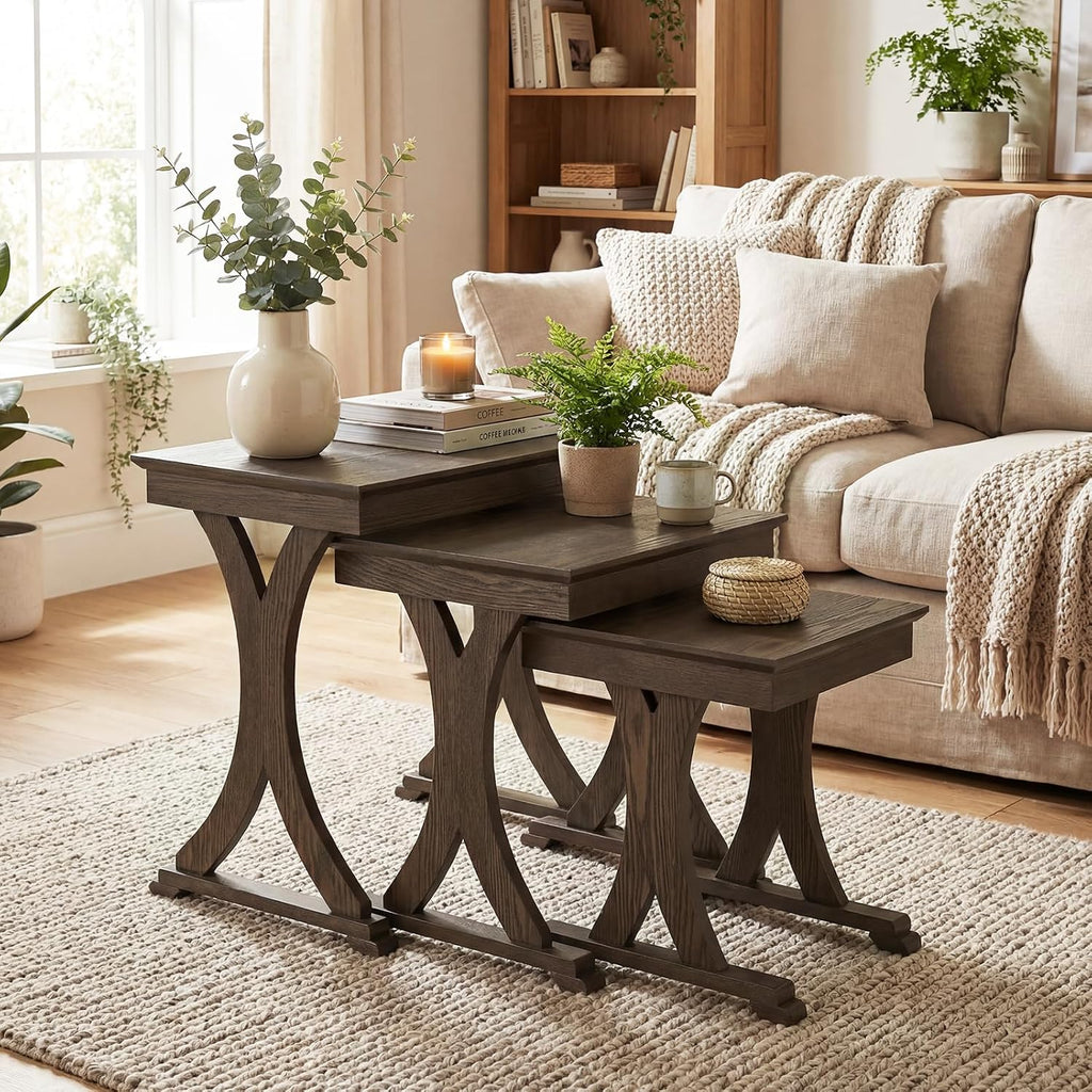 GIANTEX Nesting Coffee Table Set-of-3 - Stackable Rectangular Sofa End Side Table w/Solid Rubber Wood Legs, Vintage Farmhouse Night Stand for Bedroom Living Room Home Office Small Spaces