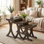 GIANTEX Nesting Coffee Table Set-of-3 - Stackable Rectangular Sofa End Side Table w/Solid Rubber Wood Legs, Vintage Farmhouse Night Stand for Bedroom Living Room Home Office Small Spaces