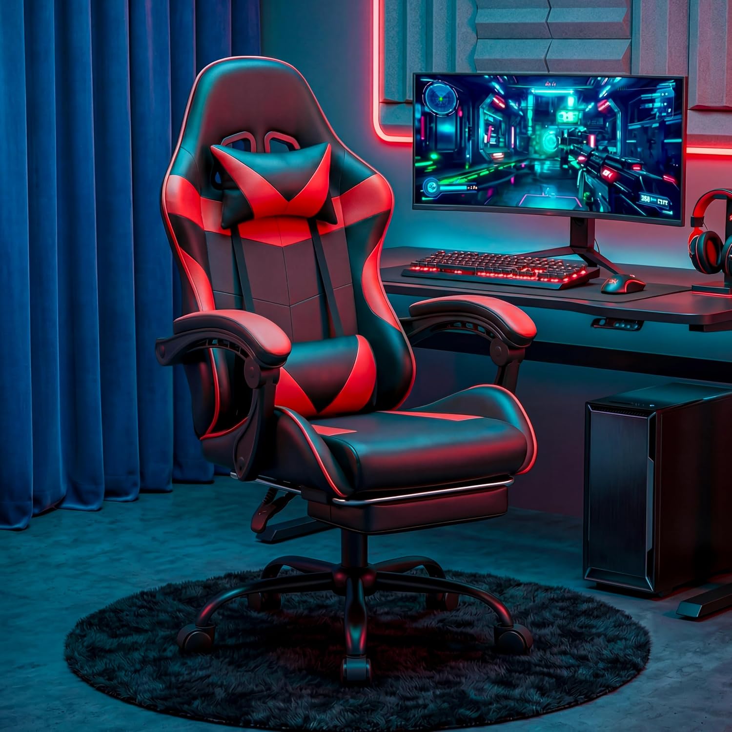Gaming Chair, Ergonomic Footrest, Lumbar & Headrest(Red Black) | Steel frame, PVC leather & memory foam; 330 lb; 21" seat; 360° swivel, 90–155° recline; easy assembly; gaming & work