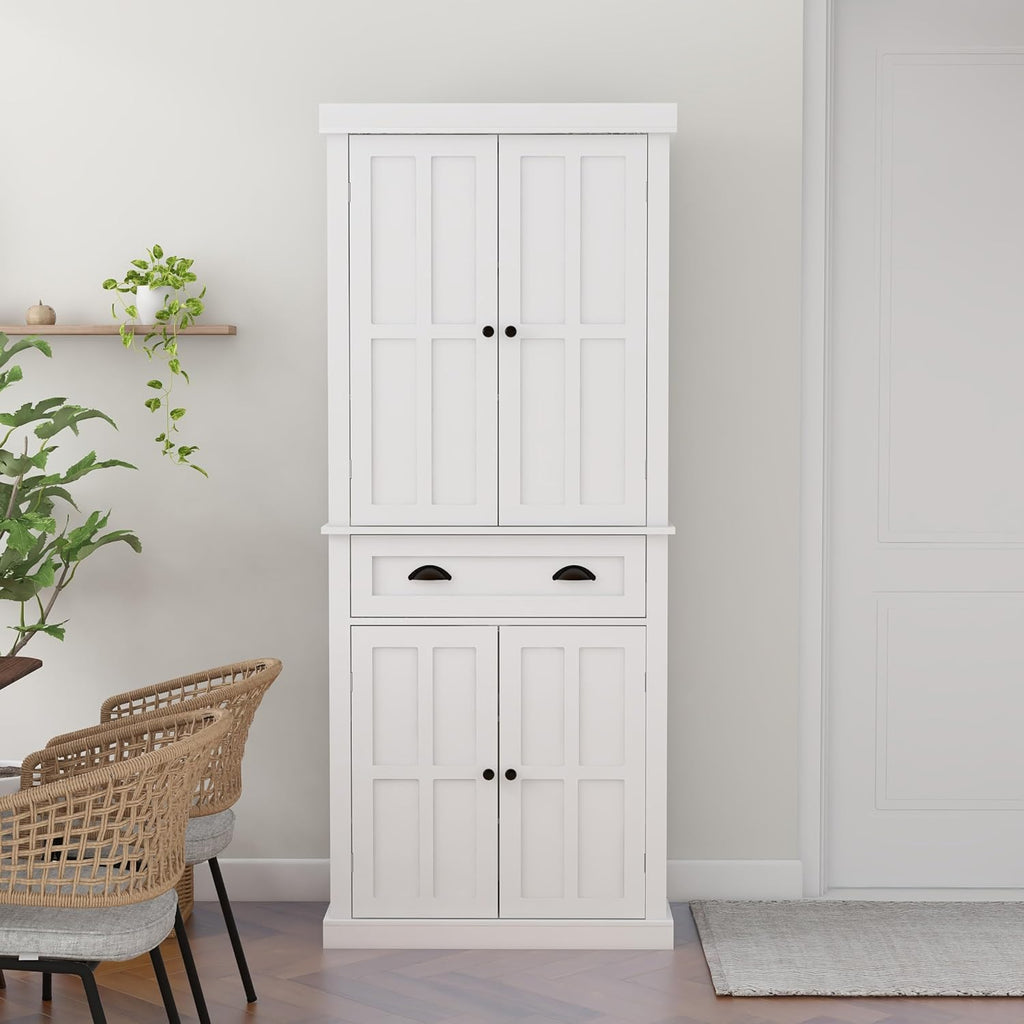 RASOO 70.87" Hutch Cabinet with Storage Freestanding White Pantry Storage Cabinet with 1 Drawer and 4 Doors, 3 Adjustable Shelves Inside of The Buffet Cabinet