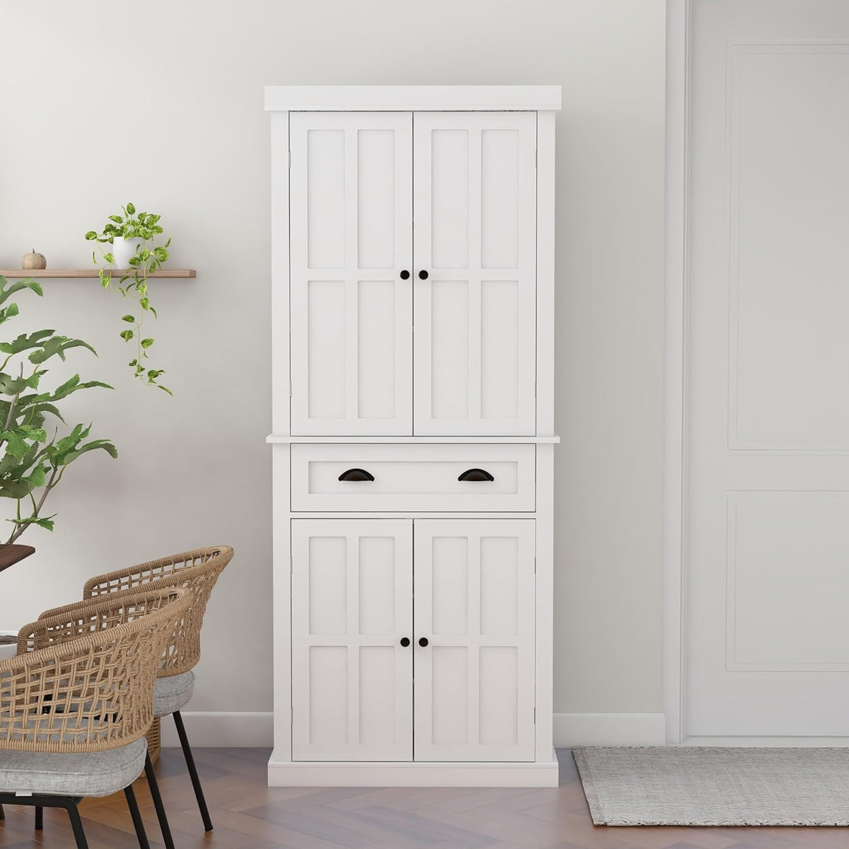 RASOO 70.87" Hutch Cabinet with Storage Freestanding White Pantry Storage Cabinet with 1 Drawer and 4 Doors, 3 Adjustable Shelves Inside of The Buffet Cabinet