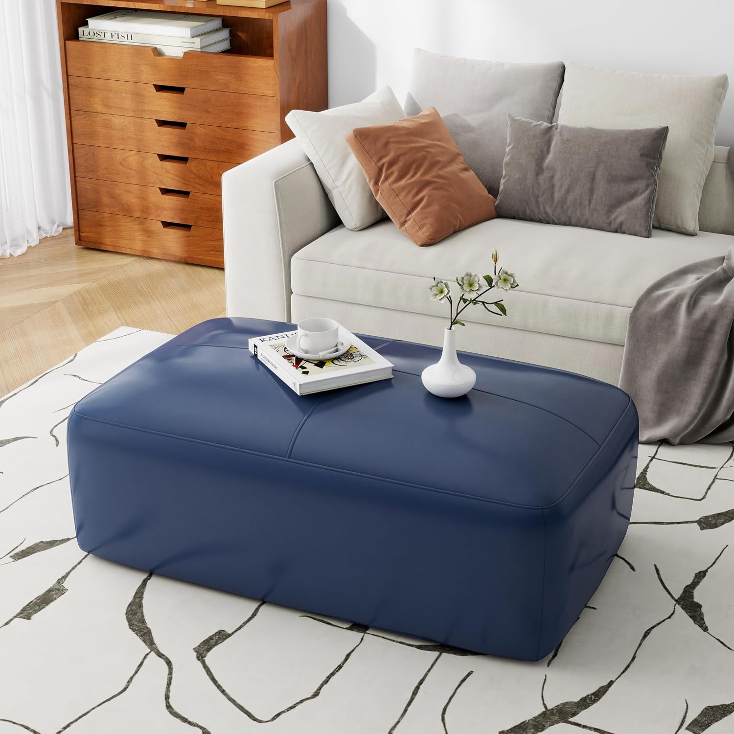 Genuine Leather Ottoman Bench, Upholstered Ottoman Table with Solid Wood Frame, Rectangular Footrest Bench for Living Room, Entryway, Bedroom - Navy Blue