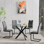 Henf 5 Piece Round Glass Dining Table Set, Modern 47 Inch Dining Room Table Set for 4 Circle Black Kitchen Set with Glass Tables and 4 PU Leather Chairs for Kitchen Dining Cafe