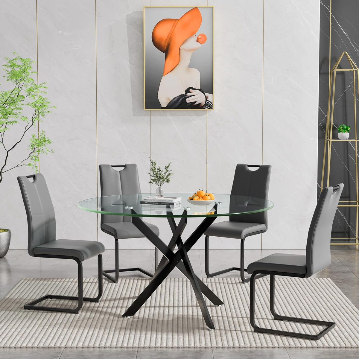 Henf 5 Piece Round Glass Dining Table Set, Modern 47 Inch Dining Room Table Set for 4 Circle Black Kitchen Set with Glass Tables and 4 PU Leather Chairs for Kitchen Dining Cafe