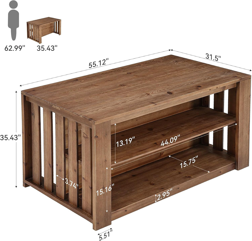 55" Solid Wood Kitchen Island with Storage and Seating, 3-Tier | Farmhouse Stationary Island Table, Side Slatted Design, Large Worktop, Closed Back Panel, Rustic Counter Height Dining Table